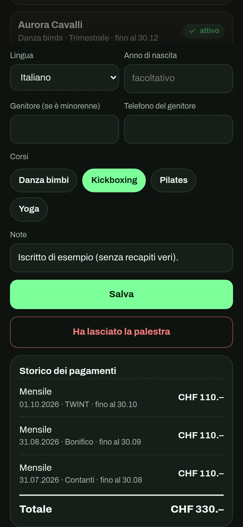Lo storico dei pagamenti di un iscritto, con il totale