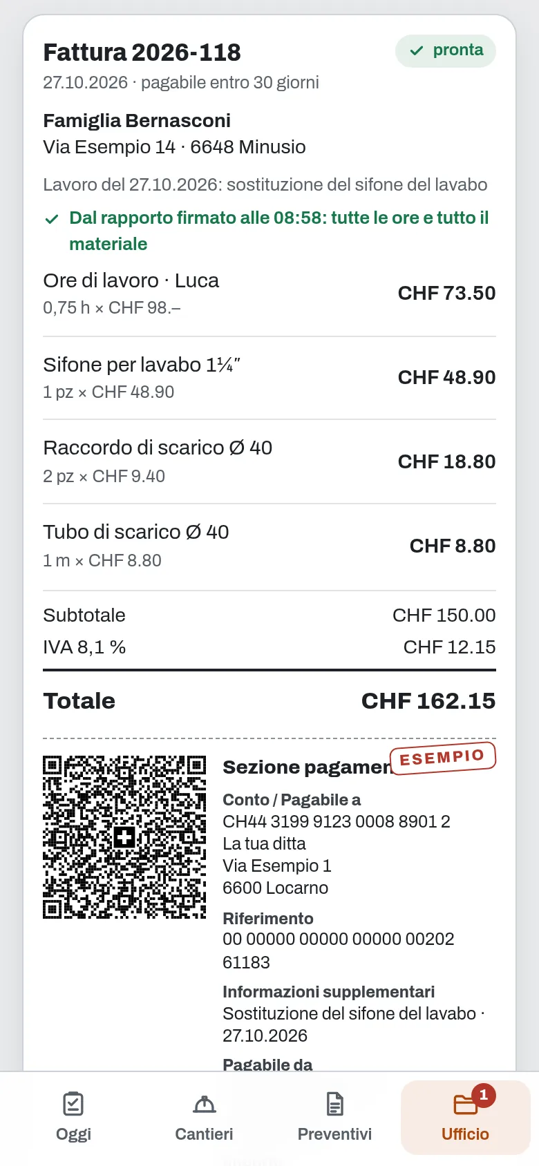 La fattura già pronta, con tutte le ore e tutto il materiale e la sezione di pagamento QR, con un IBAN di esempio