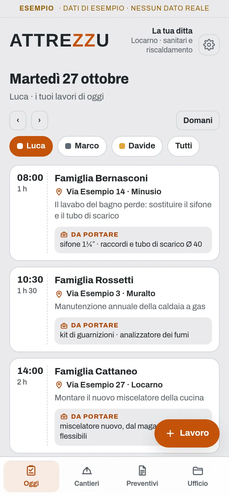 I lavori di oggi in Attrezzu: per ogni lavoro l'ora, il cliente, l'indirizzo, che cosa fare e cosa portare (dati di esempio)