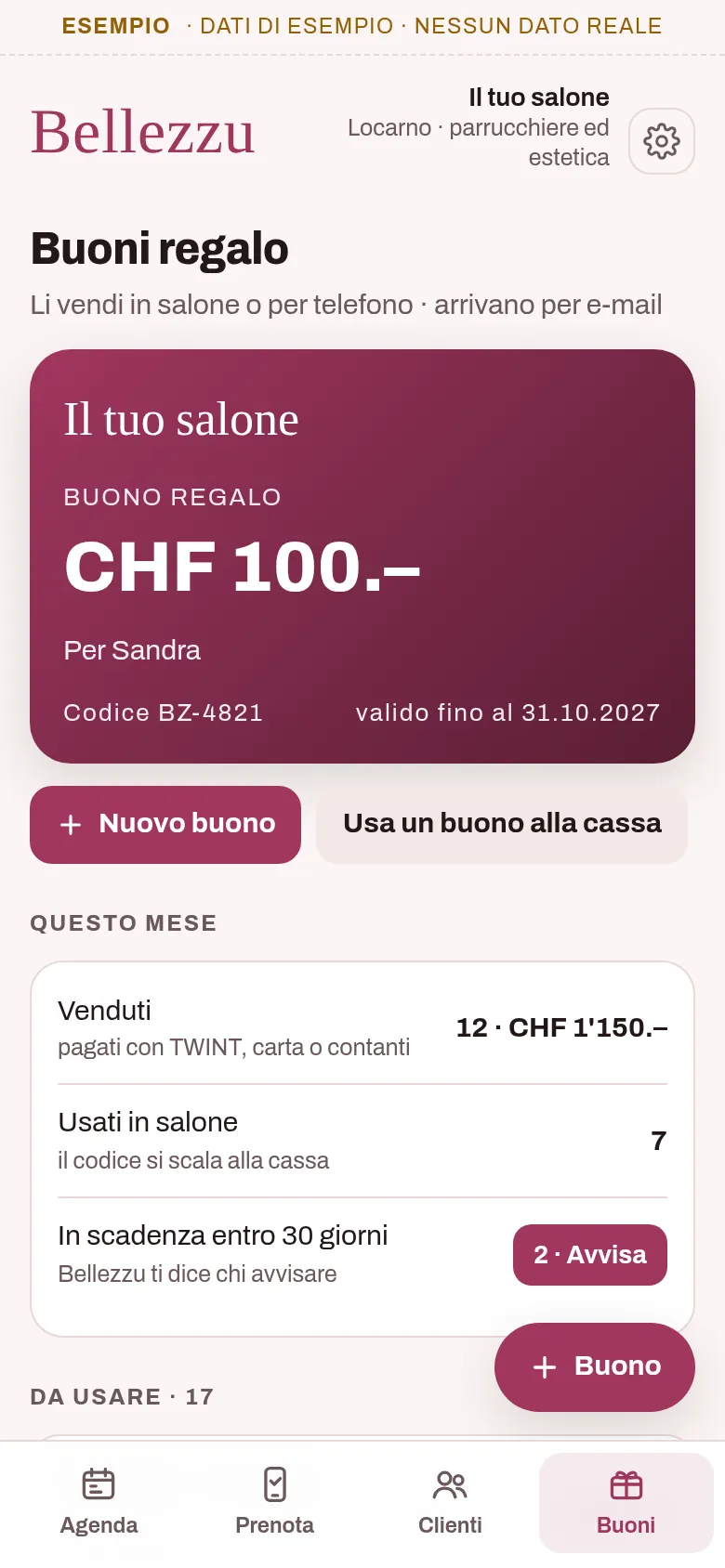 I buoni regalo: il buono da CHF 100.– con il suo codice e i numeri del mese