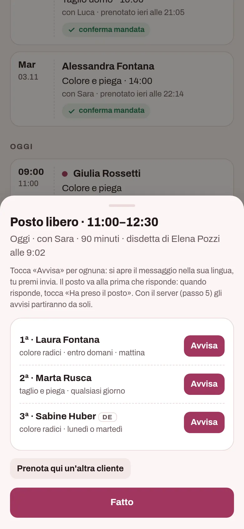 Elena ha disdetto il colore delle 11:00: il posto libero e chi è in lista d'attesa, in ordine, con «Avvisa» per ognuna