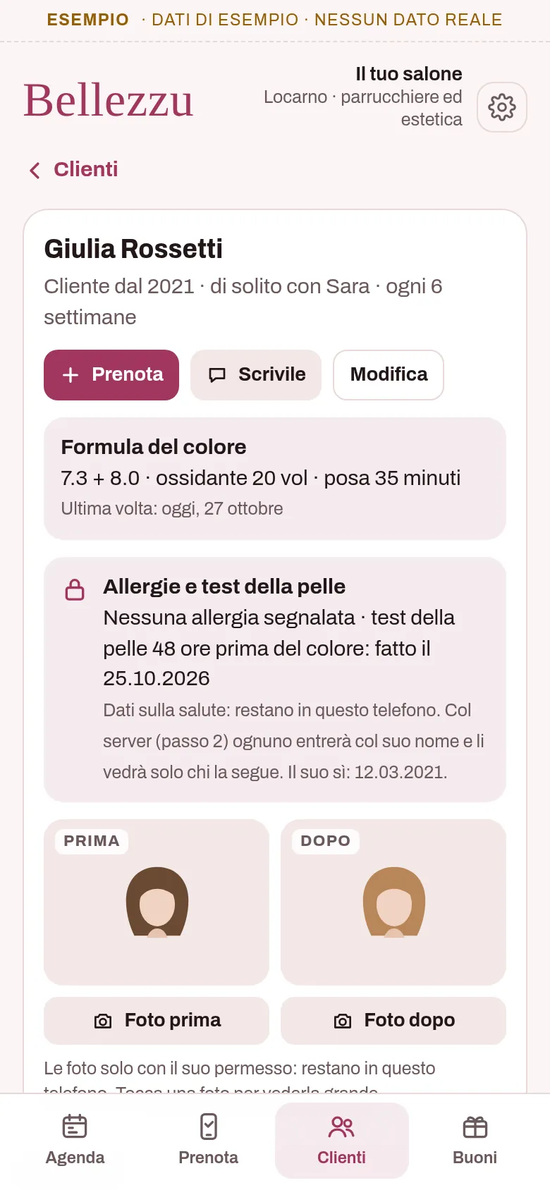 La scheda di Giulia: la formula del colore, le allergie e il test della pelle con il giorno del suo sì, le foto del prima e dopo