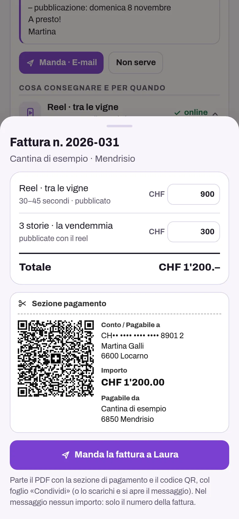 La fattura della collaborazione con la sezione di pagamento QR, con un IBAN di esempio coperto