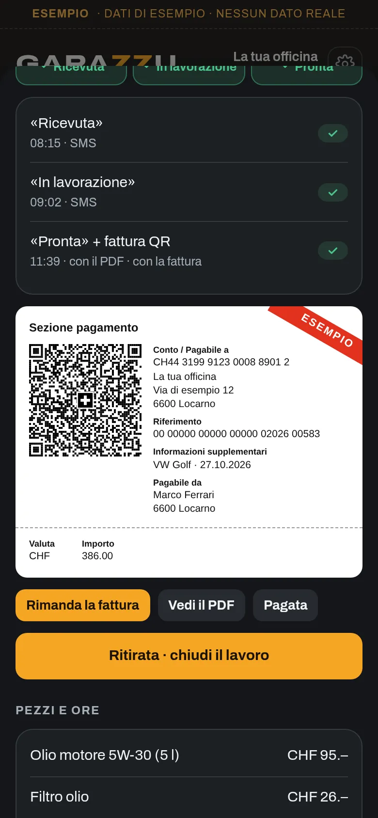 La Golf è pronta: la fattura con la sezione di pagamento QR svizzera, con un IBAN di esempio