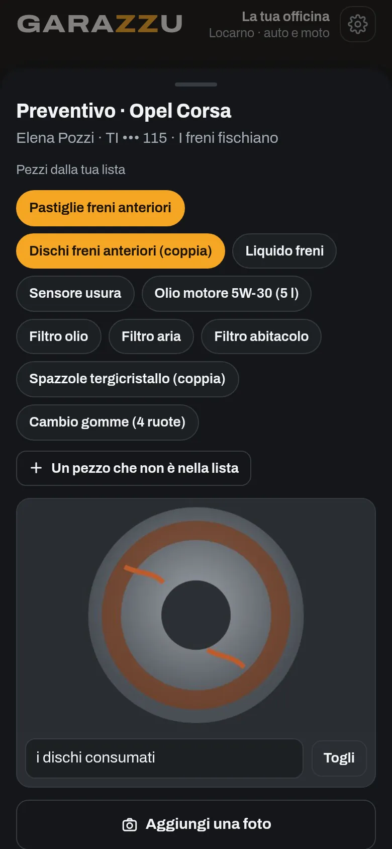 Il preventivo della Opel Corsa dal ponte: i pezzi dalla lista e la foto dei dischi consumati