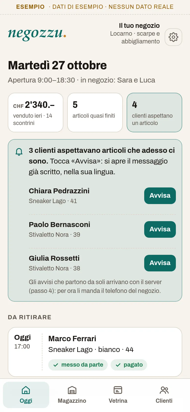 Dopo il carico: tre clienti aspettavano articoli che adesso ci sono, ognuno con il suo «Avvisa»