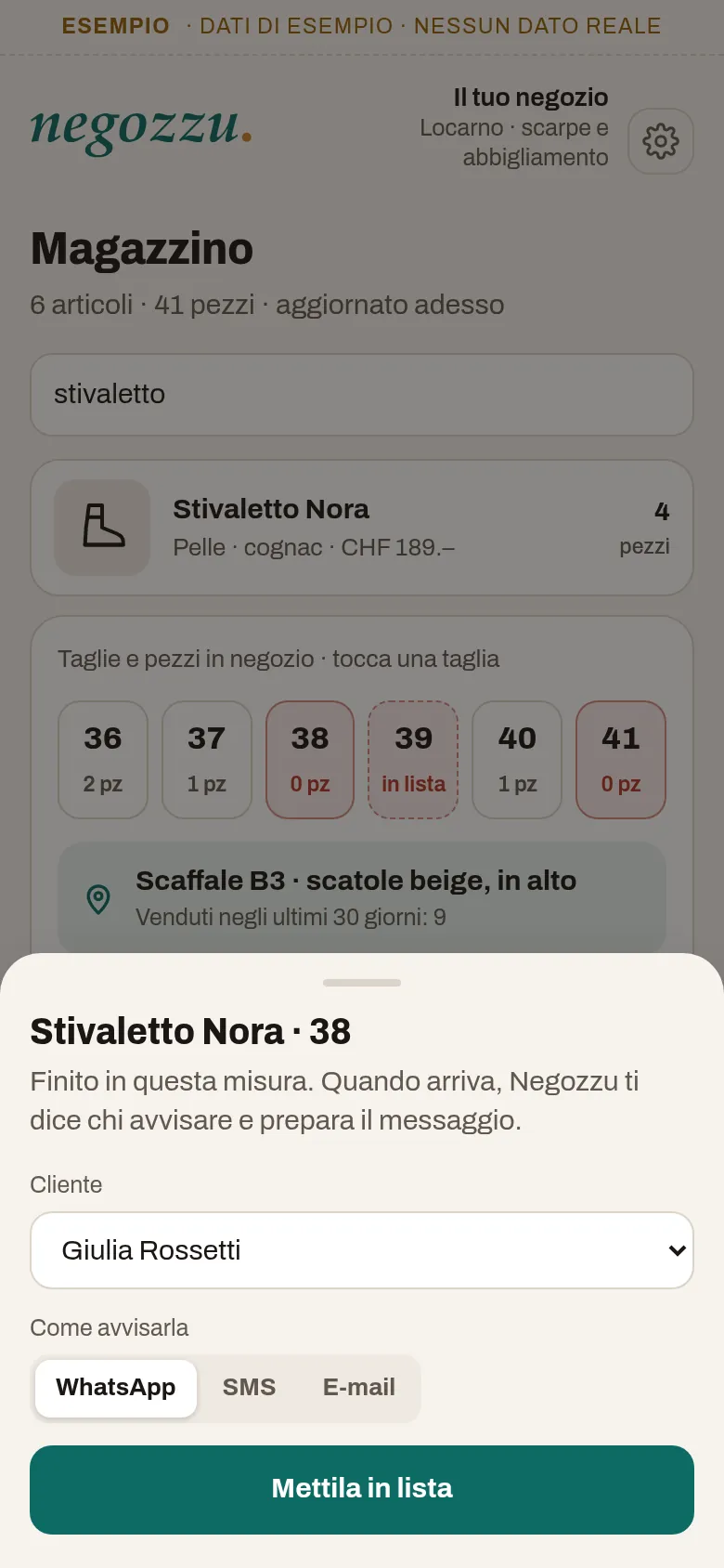 Il 38 è finito: la cliente va in lista, con il modo di avvisarla (WhatsApp, SMS o e-mail)