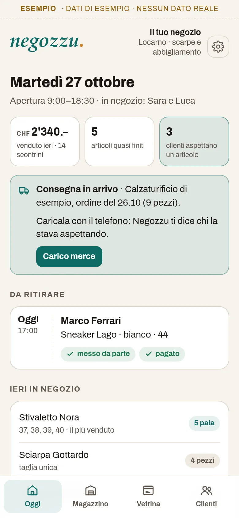 La giornata di oggi in Negozzu: il venduto di ieri, gli articoli quasi finiti, i clienti che aspettano un articolo, la consegna in arrivo e chi passa a ritirare (dati di esempio)
