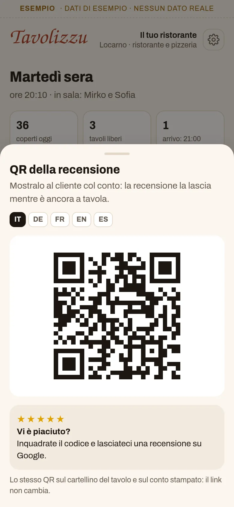 Il QR per la recensione su Google, da mostrare al cliente con il conto, con l'invito in cinque lingue